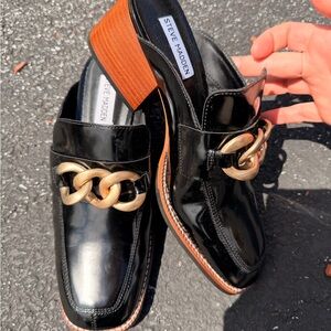 Steve Madden Black Patent Block Heel Loafer Mules with Gold Chain